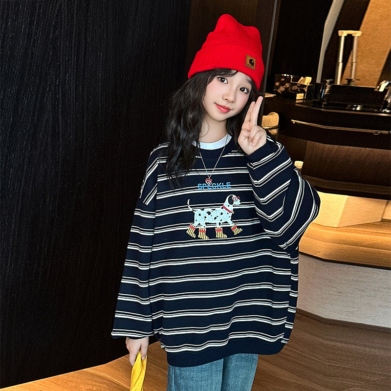 女童秋装条纹卫衣大儿童春秋长袖T恤9女孩秋季打底衫中长款上衣服