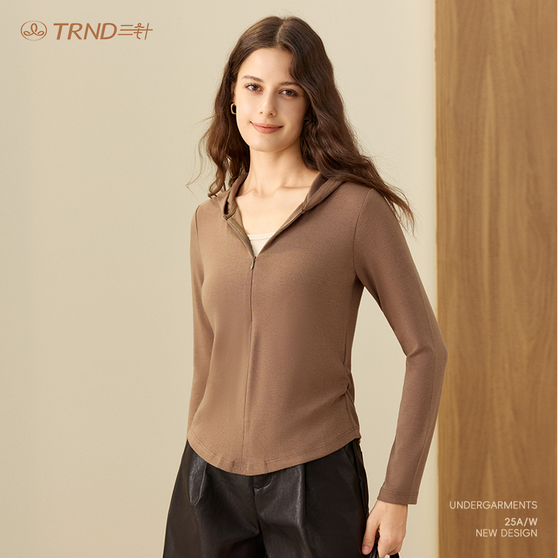 三针女羊绒打底衫秋季新款拼色假两件修身内搭连帽可外穿长袖上衣