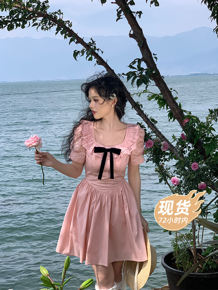 三个裁缝 花期少女 法式蝴蝶结粉色短款仙女连衣裙小个子显瘦夏