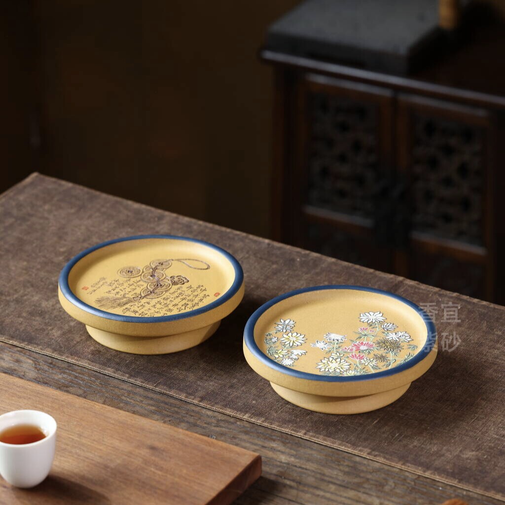 宜兴紫砂壶承泥绘花朵茶托盘杯垫
