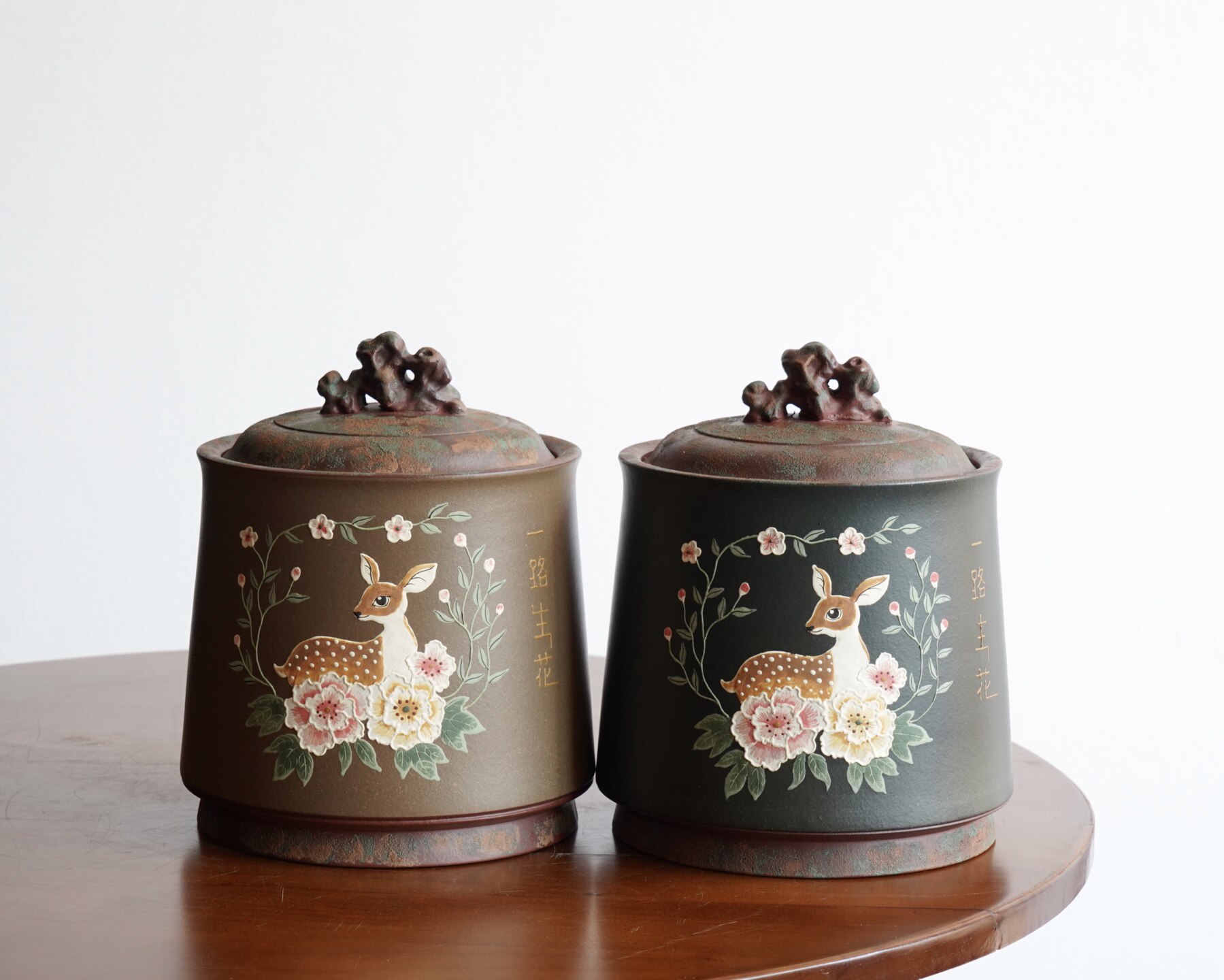 一斤装紫砂茶叶罐【一路生花醒茶罐】手工泥绘高档普洱存茶仓摆件