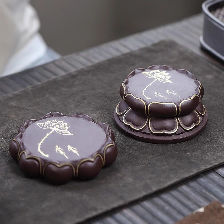 宜兴紫砂茶托描金莲花壶承精品