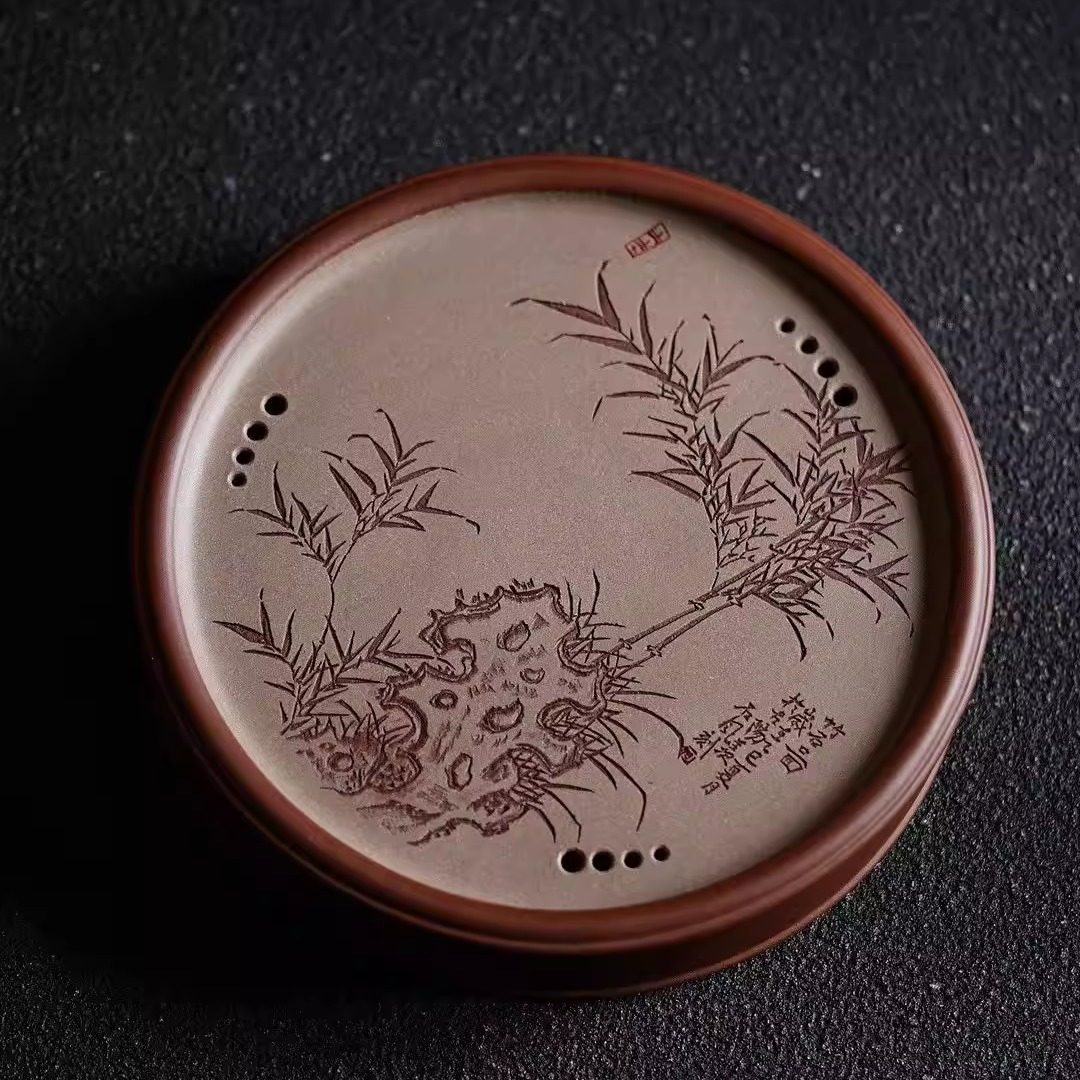 宜兴紫砂壶承【竹石图干泡盘】精品双层储水式茶盘家用壶托茶盘