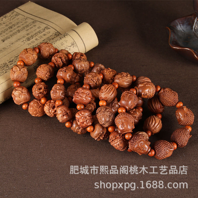 桃木貔貅手串 手工雕刻 关公 兽头八桃木工艺品汽车挂挡珠手
