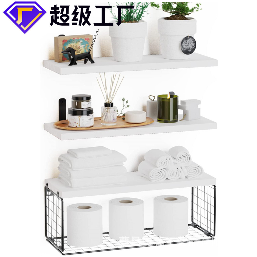 悬浮墙上置物架木质浮动架浴室