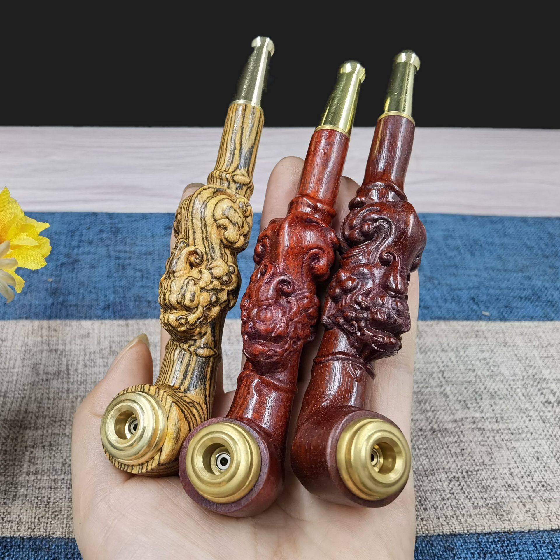 实木雕刻貔貅烟斗过滤芯粗细烟嘴两用烟杆男士木质烟具礼物