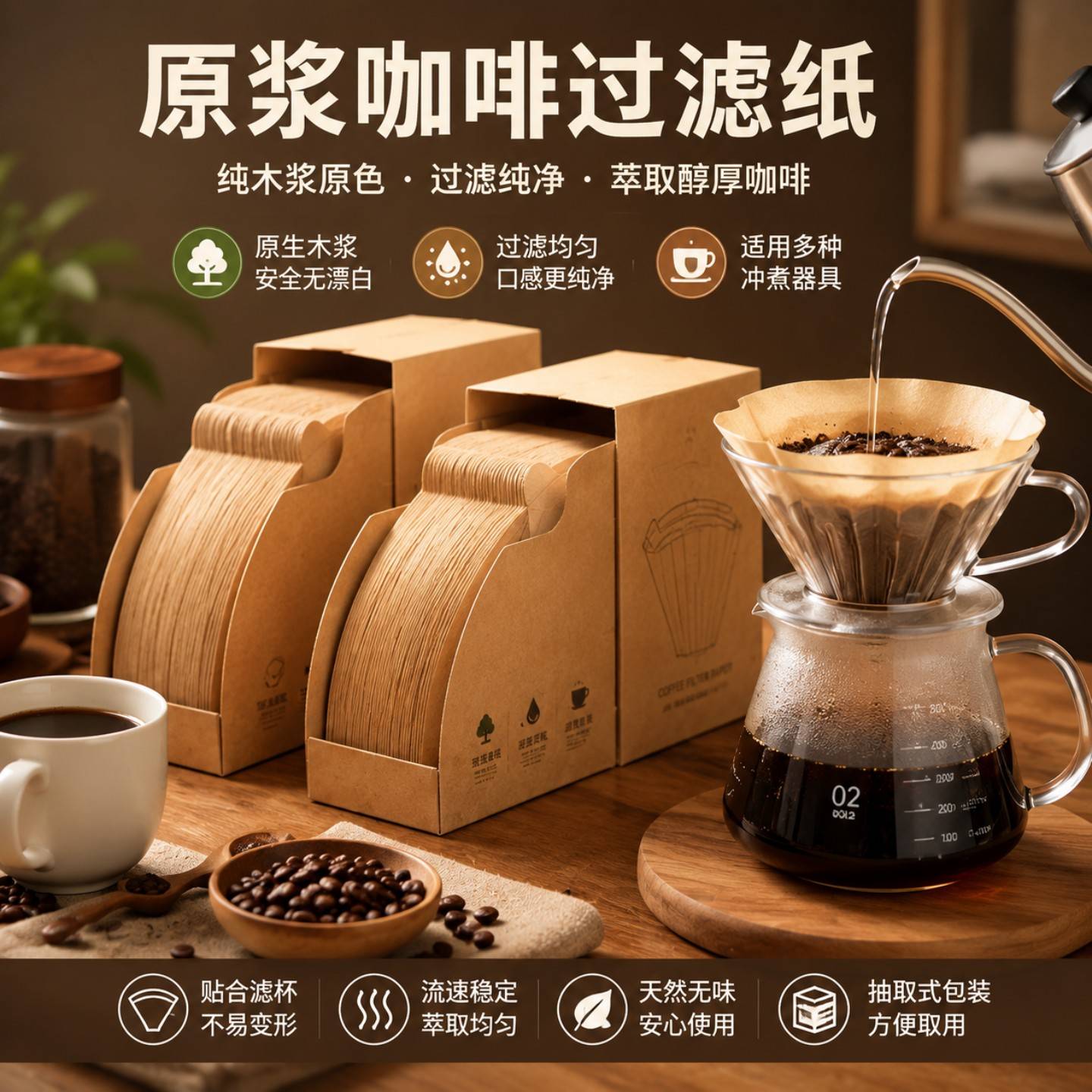 咖啡滤纸滴漏式手冲咖啡过滤纸100张原木色V60无漂白滴漏袋过滤网