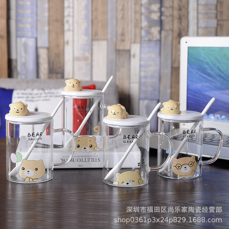 创意玻璃杯子礼品马克杯水杯办公室茶杯早餐牛奶杯带盖勺可印logo