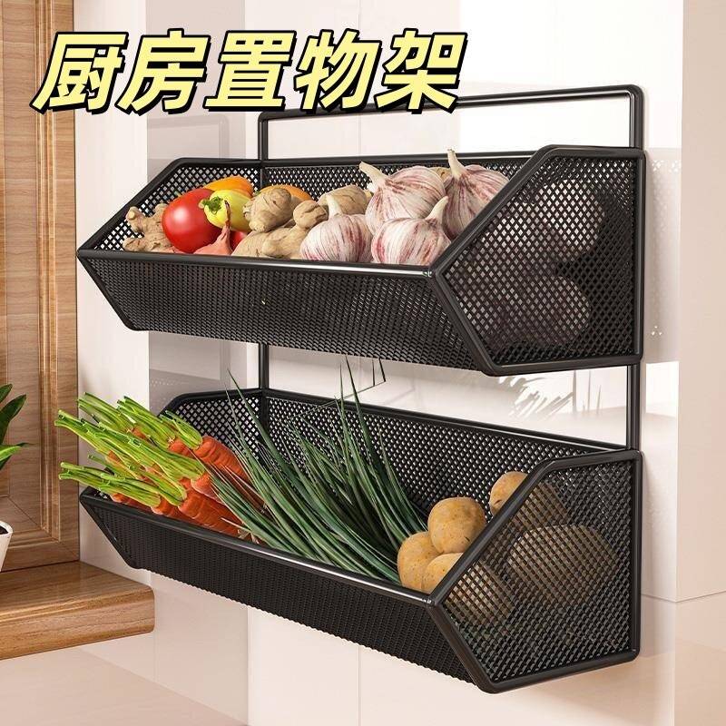 厨房置物架姜蒜收纳筐墙上免打孔壁挂式多功能菜篮调料沥水架神器
