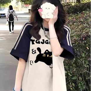 美式复古三条杠纯棉短袖t恤女大童夏季初中高中学生宽松半袖上衣