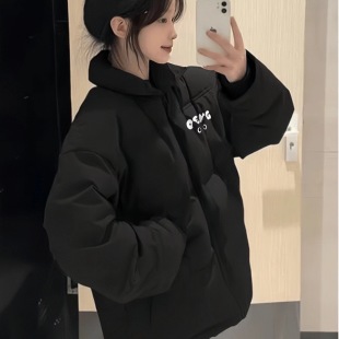 新款 冬季 黑色立领羽绒棉服女大童初中高中学生宽松棉衣面包服外套