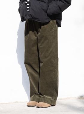 雨文她城原创棉质复古感超细灯芯条绒军绿色直筒裤宽松百搭休闲裤