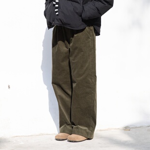 雨文她城原创棉质复古感超细灯芯条绒军绿色直筒裤 宽松百搭休闲裤