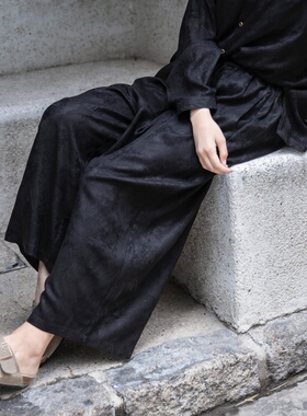 雨文她城原创女40姆米黑色绢纺桑蚕丝香云纱提花国风百搭休闲裤