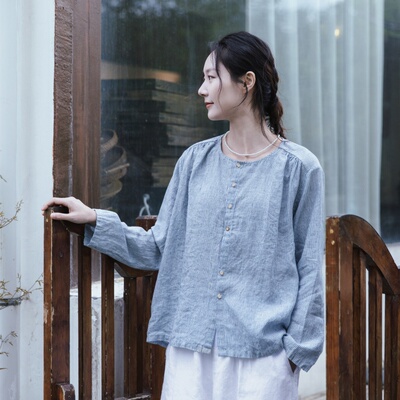 雨文她城色织100%亚麻蓝条纹衬衫
