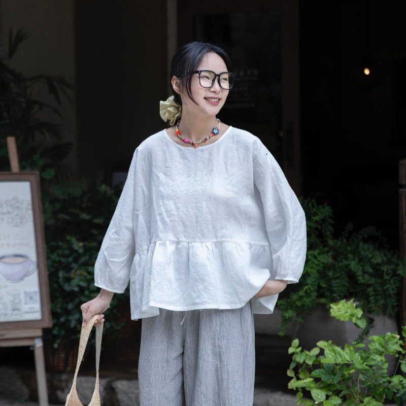 雨文她城原创女夏季100%法国进口苎麻娃娃衫松弛简约百搭宽松上衣