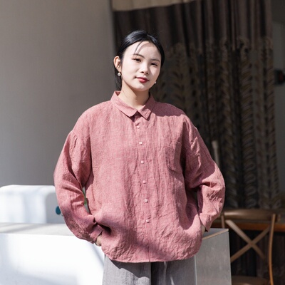 文艺复古红格亚麻宽松长袖衬衫