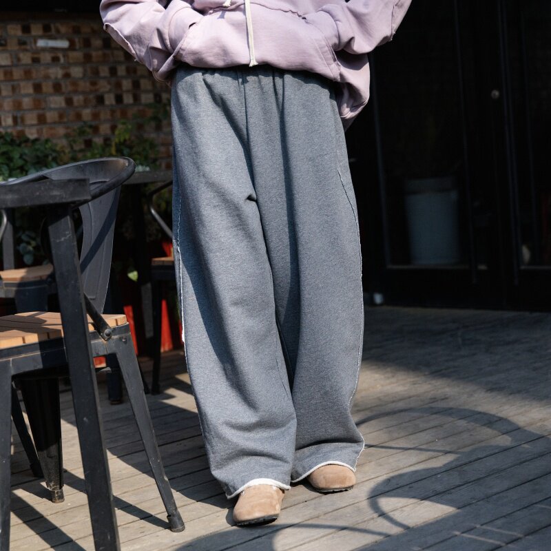 雨文她城原创简约100%纯棉宽松筒裤女灰色自带绒长裤毛边垂感卫裤,女装/女士精品,卫裤,淘宝优惠券,粉丝福利购,淘宝优惠卷