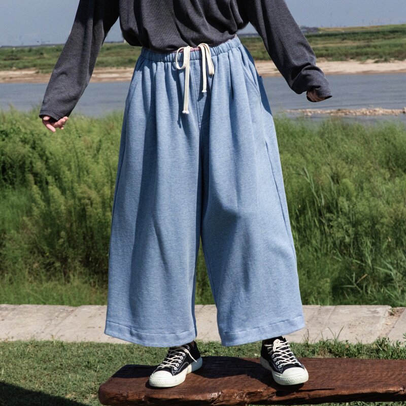 雨文她城「清辉」进口纯棉线圈棉松紧腰休闲裤宽松百搭廓形阔腿裤