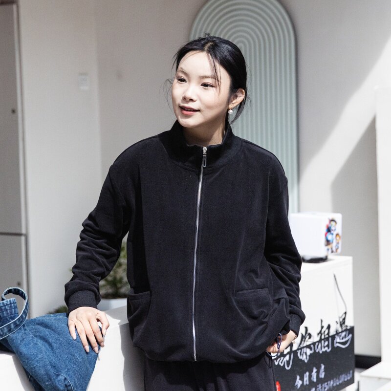 雨文她城原创黑色立领拉链卫衣女340克双面中厚摇粒绒春秋外套