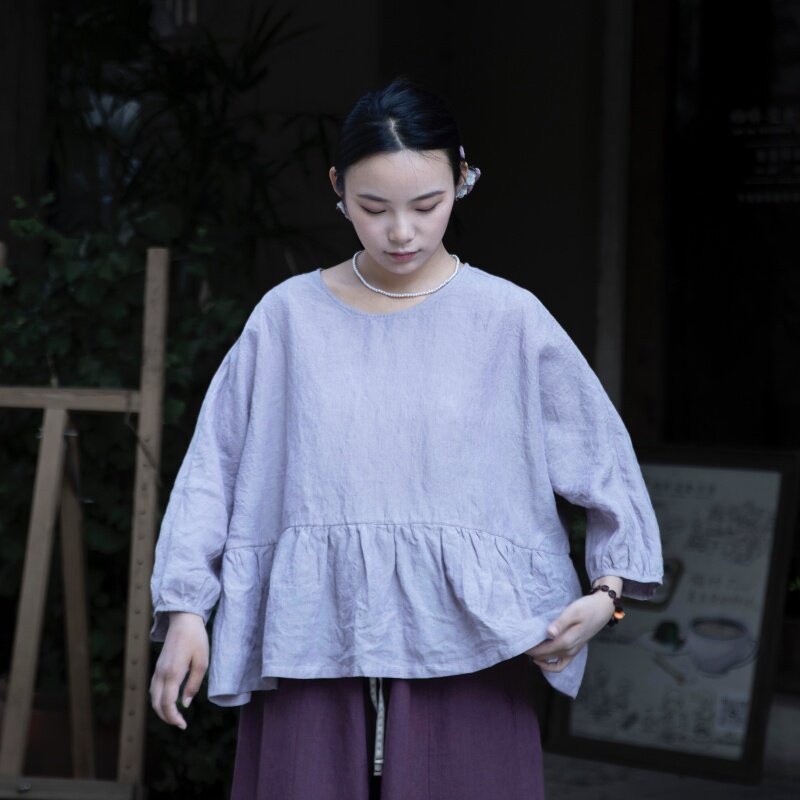 雨文她城女夏季丁香紫娃娃亚麻衫