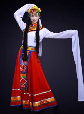 新款藏族衣服女西藏水袖长裙白色民族风少数民族舞蹈演出服装套装