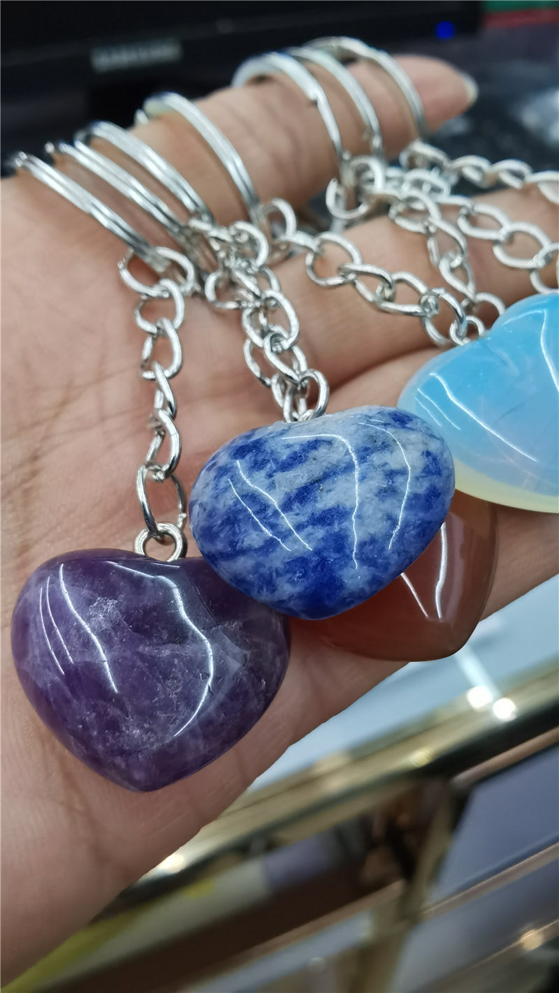 水晶玛瑙裸石心形钥匙扣挂坠背包挂饰装饰品宝石流行时尚配件