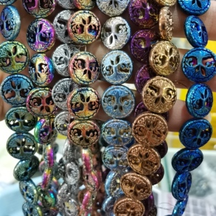 赤铁矿生命树直孔串珠半成品铁石真空高温镀彩手链项链饰品配件