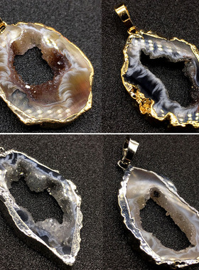 巴西玛瑙随形片鎏边吊坠  原石切片抛光 镀金边银边吊坠
