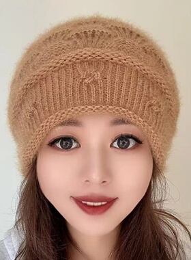 冬季新款钩花双层加厚针织帽女松鼠绒时尚保暖防寒洋气百搭堆堆帽