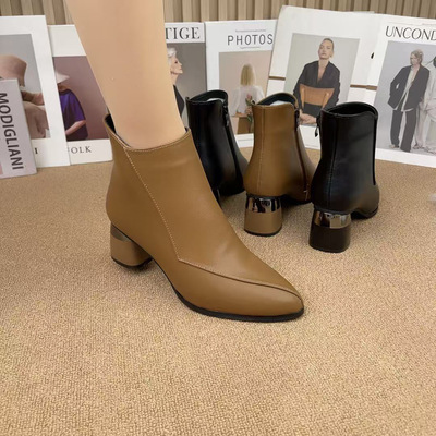 2025秋冬新款真皮短靴爆款女靴尖头加绒高跟靴子软底拉链粗跟百搭