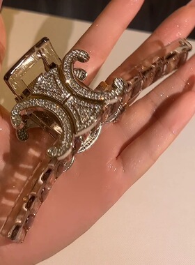 Chris 韩国法式黑色镶钻字母抓夹时髦发夹时尚大号显发量多鲨鱼夹