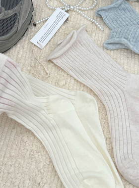 Chris 袜子女纯色网眼竖条薄款透气短袜ins黑白卷边中筒袜女袜