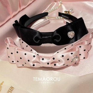 Chris 韩国Sweet粉缎面波点蝴蝶结多彩发箍千金风头箍头饰发饰