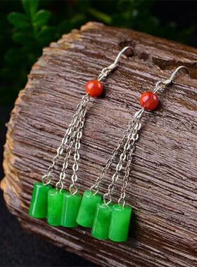 复古中国风925银干青耳坠耳环女手工红玛瑙古风中长款耳钩