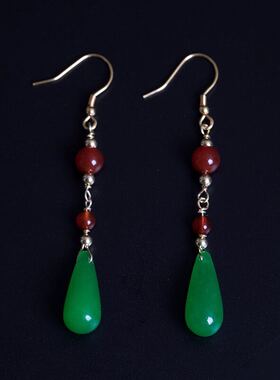 复古中国风925银干青水滴耳坠耳环女手工红玛瑙古风中长款耳钩