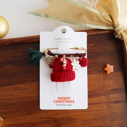 雪花原创手作帽子拐杖糖毛线胸针