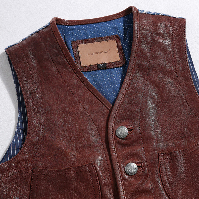 WAXED GOATSKIN STITCHING COARSE CLOTH VINTAGE VEST JAPANESE RETRO DENIM LEATHER VEST SHOULDER SHORT LEATHER JACKET MENS NEW PRODUCTS