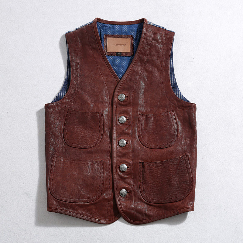 WAXED GOATSKIN STITCHING COARSE CLOTH VINTAGE VEST JAPANESE RETRO DENIM LEATHER VEST SHOULDER SHORT LEATHER JACKET MENS NEW PRODUCTS