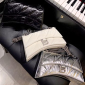 头层牛皮沙漏包2024春夏新款 褶皱菱格链条包B字扣腋下单肩斜跨女