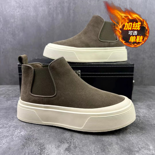 休闲皮靴切尔西马丁靴加绒保暖棉鞋 一脚蹬翻毛皮板鞋 冬季 高帮男鞋