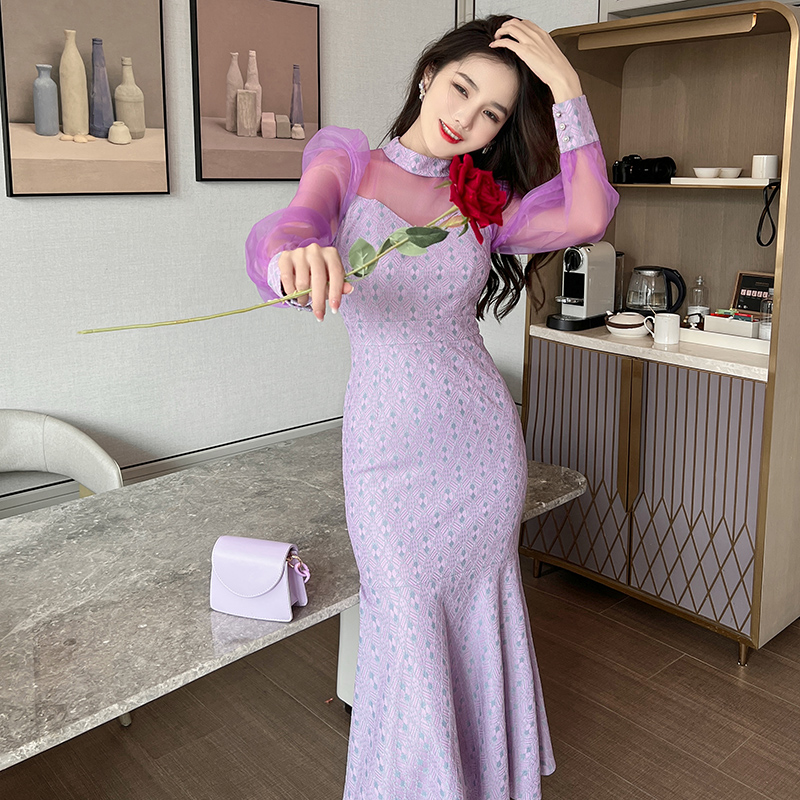法式薰衣草紫色碎花连衣裙设计感小众长裙收腰复古长袖蕾丝鱼尾裙