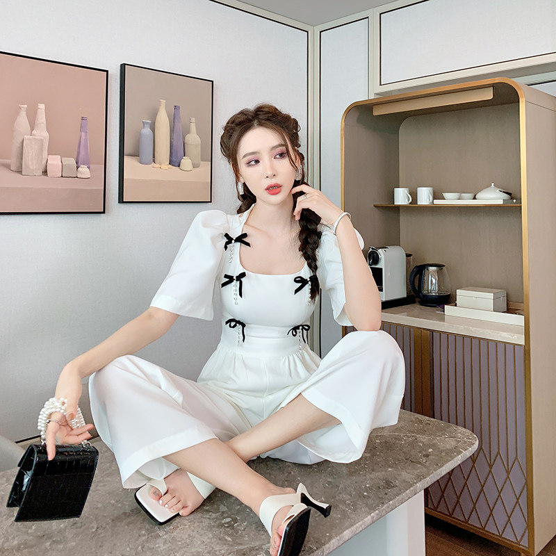 长款白色连体衣女装气质名媛时尚白色休闲阔腿裤子连体裤夏季薄款