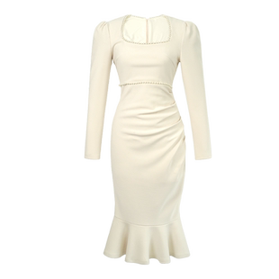 法式中长款鱼尾连衣裙气质修身收腰显瘦包臀泡泡袖方领长袖裙子女