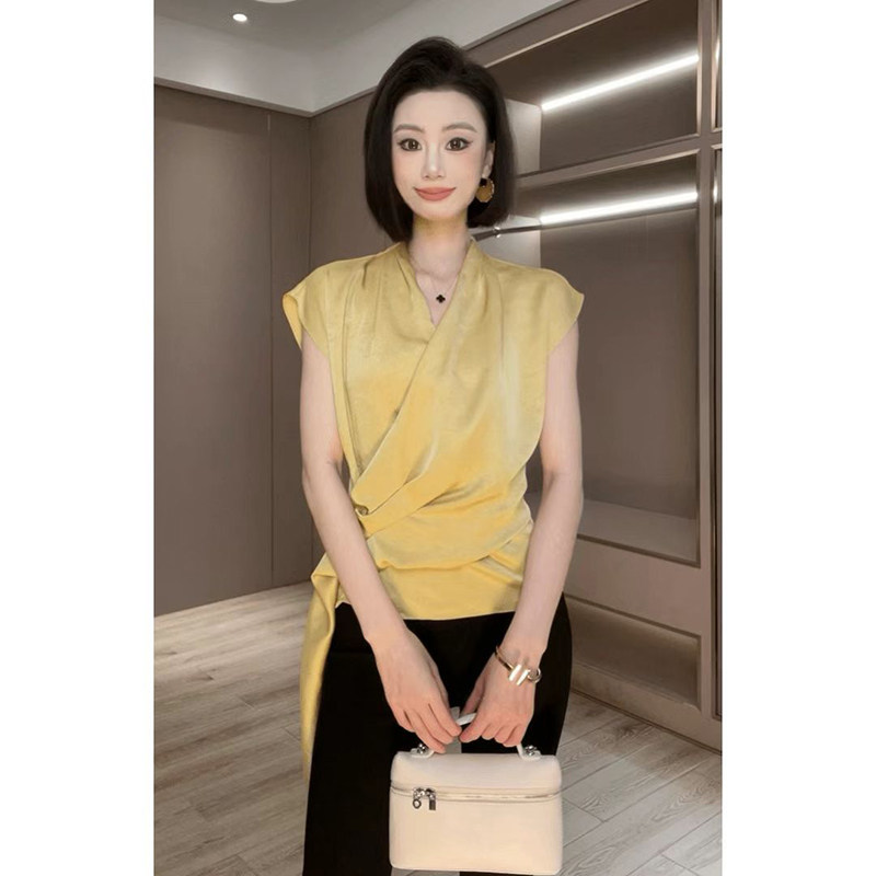 纯色小众绝美独特女装翻领上衣休闲薄款衬衣套头无袖飘带衬衫