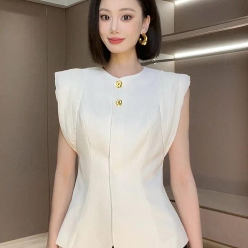 白色通勤法式轻熟风名媛气质时髦衬衫圆领纽扣无袖女装收腰上衣