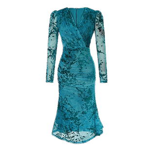 中长款泡泡袖V领连衣裙秋宴会人鱼姬水墨高腰鱼尾裙复古显瘦裙子