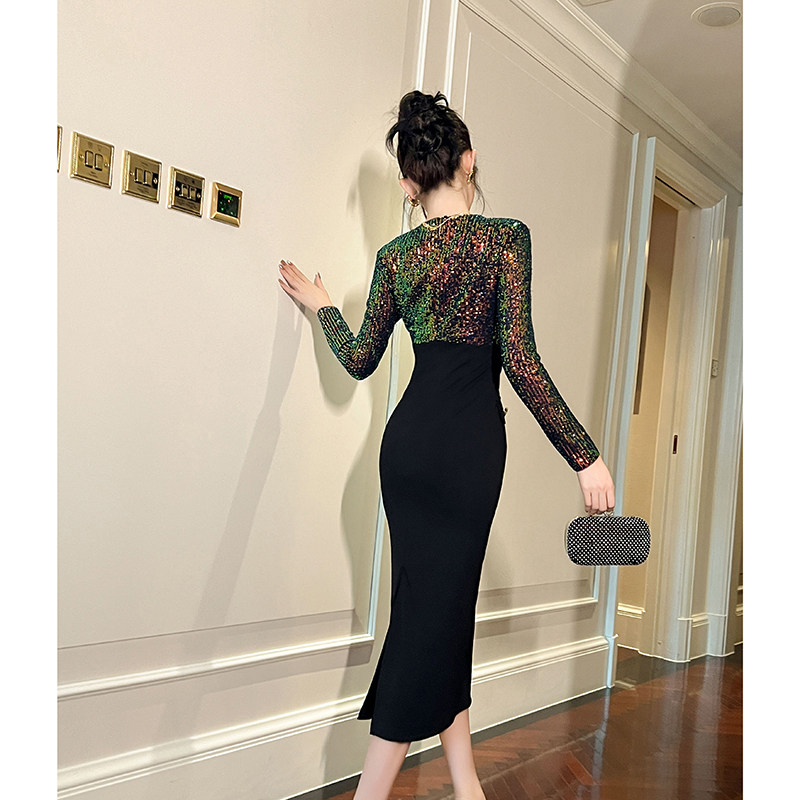 御姐风收腰显瘦设计师包臀连衣裙独特亮闪闪气质感V领礼服中长裙