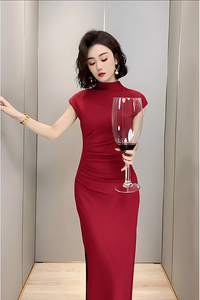 长款气质复古包臀裙高腰法式长裙修身短袖针织设计感轻熟连衣裙子