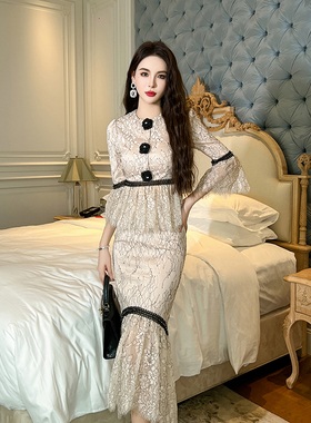 鱼尾裙初秋套装2025新款两件套高级感拼接打底蕾丝性感包臀连衣裙